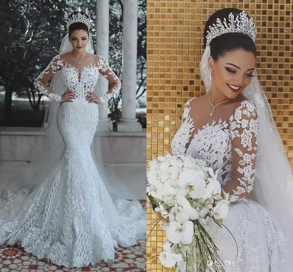 luxury arabic dubai sheer long sleeves lace mermaid wedding dresses tulle applique beaded sweep train wedding dress bridal gown custom, White
luxury arabic dubai sheer long sleeves lace mermaid wedding dresses tulle applique beaded sweep train wedding dress bridal gown custom, White