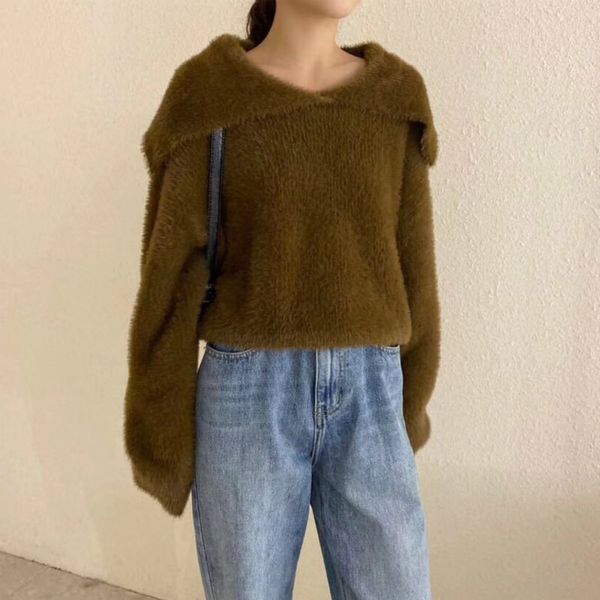 women autumn winter artificial mink cashmere olive green sweater turn down collar long sleeve jumper knitted pullovers out wear, White;black
women autumn winter artificial mink cashmere olive green sweater turn down collar long sleeve jumper knitted pullovers out wear, White;black