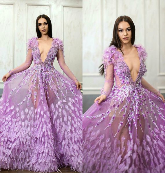 2019 sheer long sleeve purple evening dresses deep v neck lace appliqued beads feather prom dress a line custom fairy formal party gowns, Black
2019 sheer long sleeve purple evening dresses deep v neck lace appliqued beads feather prom dress a line custom fairy formal party gowns, Black