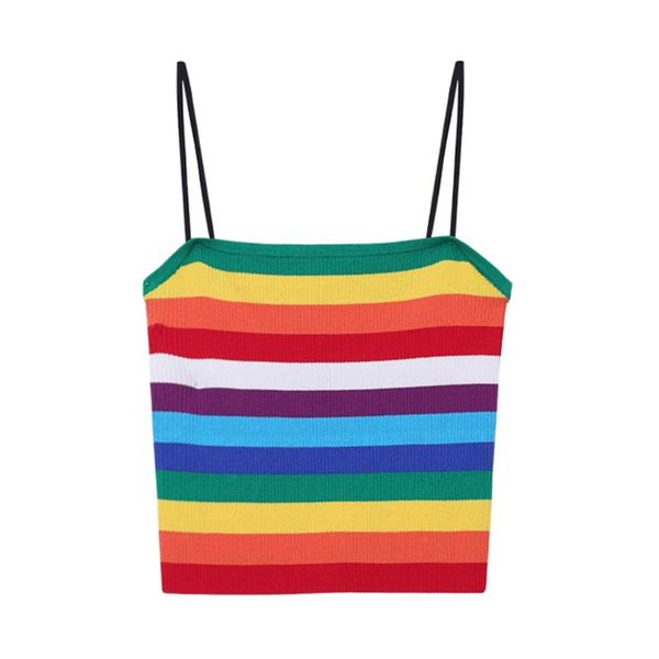 women summer sleeveless tank color block rainbow stripes harajuku camisole ribbed knit bodycon sling vest, White
women summer sleeveless tank color block rainbow stripes harajuku camisole ribbed knit bodycon sling vest, White
