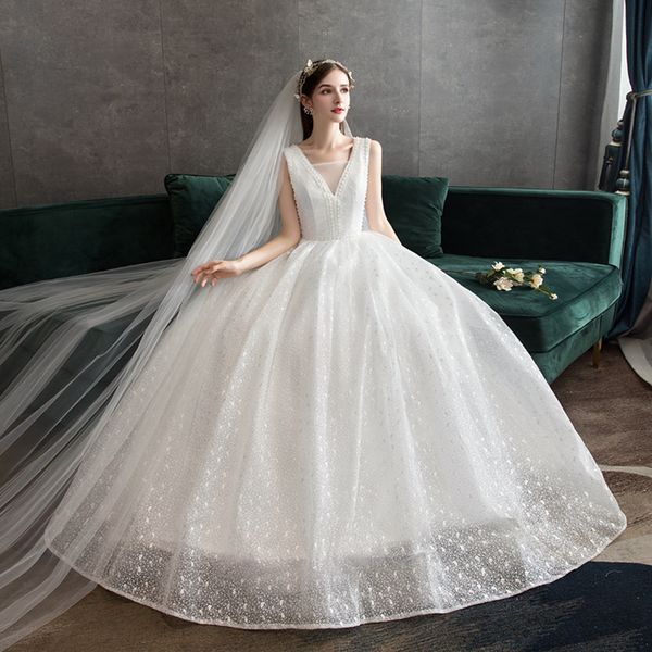 2019 new wedding backless beach wedding dress v neck bridal shiny lace ball gown dresses, White
2019 new wedding backless beach wedding dress v neck bridal shiny lace ball gown dresses, White