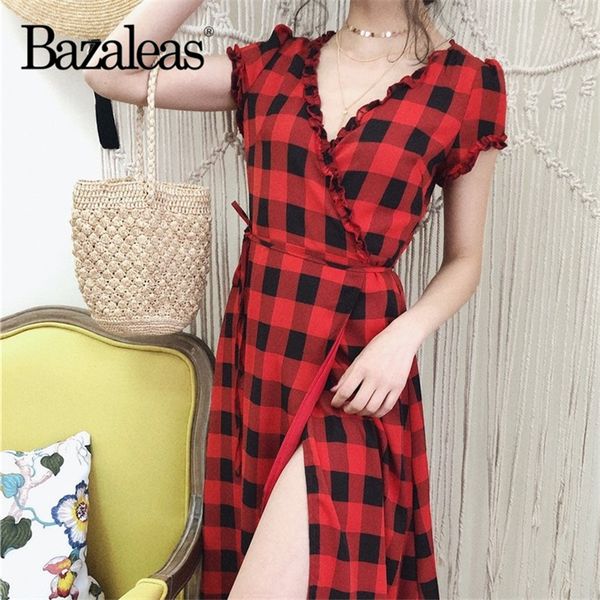 bazaleas ruffles v neck women dresses waist tie wrap split vestidos tartan red print women midi dress drop shipping, Black;gray
bazaleas ruffles v neck women dresses waist tie wrap split vestidos tartan red print women midi dress drop shipping, Black;gray