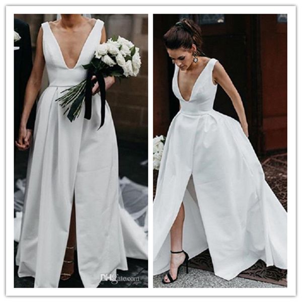 deep v neck front split wedding dresses a line sweep train 2020 fashionable long satin bridal gowns custom plus size vestidos de noiva, White
deep v neck front split wedding dresses a line sweep train 2020 fashionable long satin bridal gowns custom plus size vestidos de noiva, White