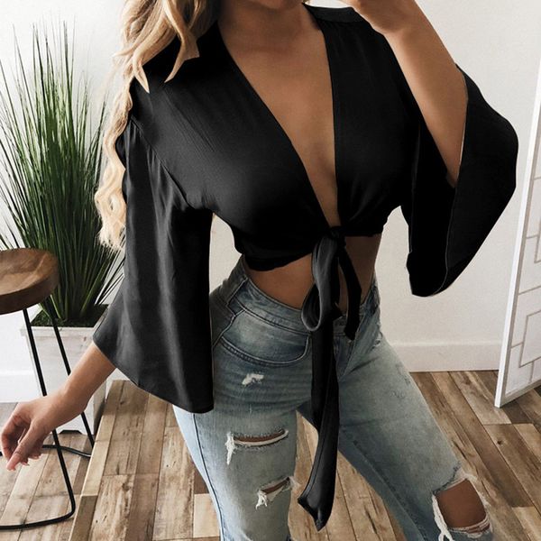 2020 summer crop women deep v-neck women blouses shirts casual slim solid bow tie flare sleeve black shirts roupa, White
2020 summer crop women deep v-neck women blouses shirts casual slim solid bow tie flare sleeve black shirts roupa, White