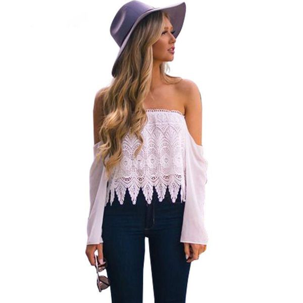 fashion casual t shirt women off shoulder ruffle chiffon lace floral crop long sleeve t shirt, White 
fashion casual t shirt women off shoulder ruffle chiffon lace floral crop long sleeve t shirt, White