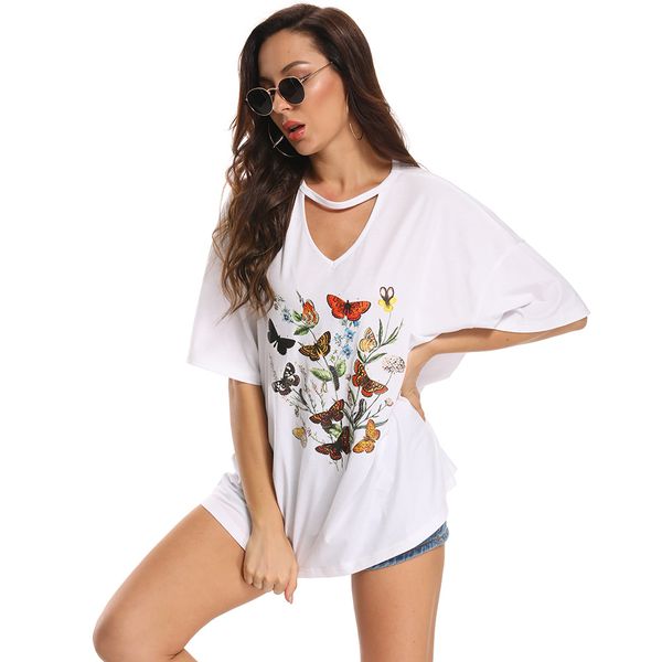 women's loose neck european and american butterfly printed t-shirt for women, White
women's loose neck european and american butterfly printed t-shirt for women, White