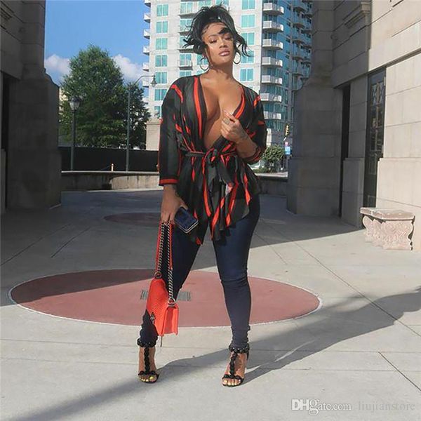 female striped deep v-neck blouse fashion designer panelled tshirts with sashes female irregular clothes, White
female striped deep v-neck blouse fashion designer panelled tshirts with sashes female irregular clothes, White