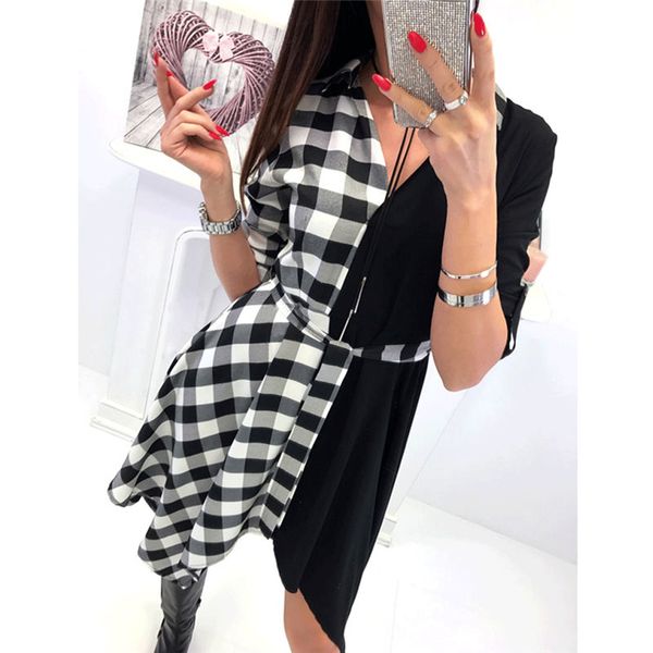 women autumn casual long sleeve splicing plaid dress ladies v-neck mini dresses, Black;gray
women autumn casual long sleeve splicing plaid dress ladies v-neck mini dresses, Black;gray