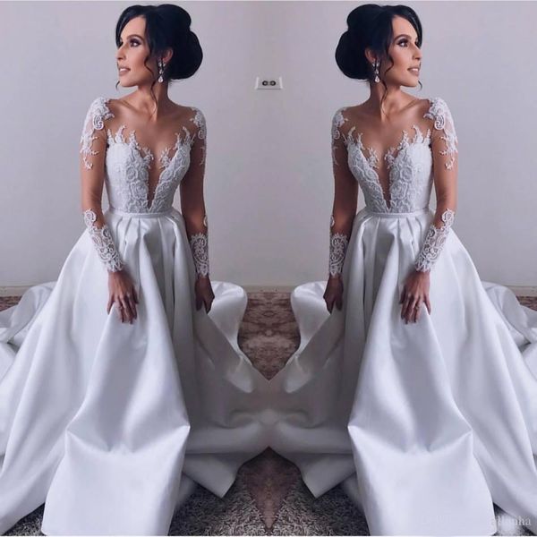 2020 a line wedding dresses detachable train sheer neck long illusion sleeves lace applique bridal gowns vestido de novia robe de mariée, White
2020 a line wedding dresses detachable train sheer neck long illusion sleeves lace applique bridal gowns vestido de novia robe de mariée, White