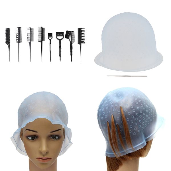 8pcs dye brush set+hair coloring cap+metal hook+tinting highlighting paper 
8pcs dye brush set+hair coloring cap+metal hook+tinting highlighting paper