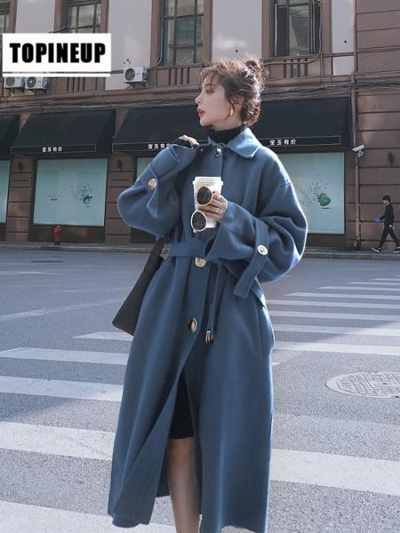 women's loose plus size slim fitted style belted knee solid color wool coat female, Black
women's loose plus size slim fitted style belted knee solid color wool coat female, Black