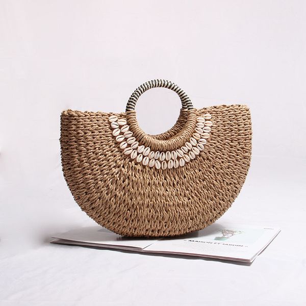 2020 new fashion handmade cotton beach bag shell weaving ring wood handle handbags ladies straw wrapped bag moon shaped bags