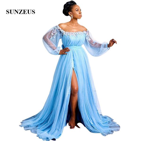 blue tulle evening long dresses fairy flowers off shoulder party gowns puffy long sleeves formal dress with slit, White;black
blue tulle evening long dresses fairy flowers off shoulder party gowns puffy long sleeves formal dress with slit, White;black
