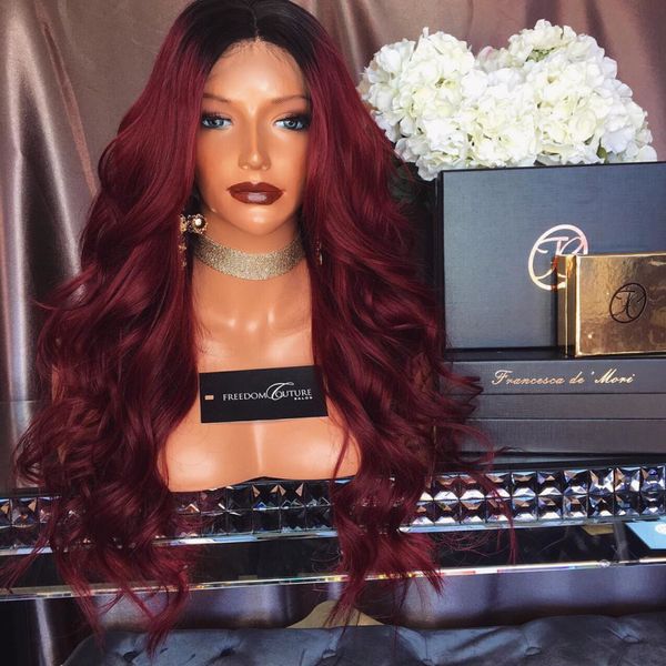 

silk 100% human hair full lace burgundy wig ombre color 1b 99j two tone body wave front lace wigs dark root, Black;brown
