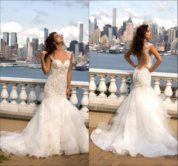 2020 illusion back mermaid wedding dresses sweetheart cap sleeve with lace appliques beads and crystal ruffles train bride gown, White
2020 illusion back mermaid wedding dresses sweetheart cap sleeve with lace appliques beads and crystal ruffles train bride gown, White