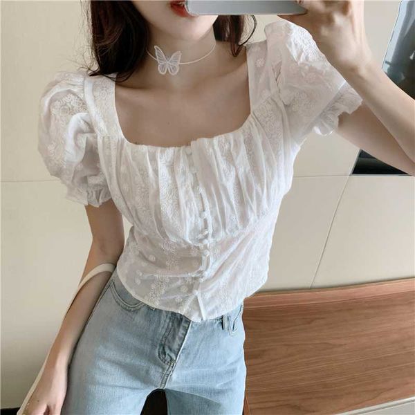 women's blouses & shirts 2021 arrivals chiffon embroidery fashion lace up square collar puff sleeves chic elegant sweet girl casual, White
women's blouses & shirts 2021 arrivals chiffon embroidery fashion lace up square collar puff sleeves chic elegant sweet girl casual, White