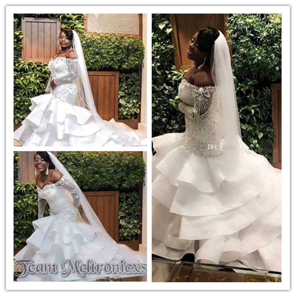 plus size mermaid wedding dresses sweetheart off shoulder long sleeves beading satin bride wedding gowns chapel train robe de mariee, White
plus size mermaid wedding dresses sweetheart off shoulder long sleeves beading satin bride wedding gowns chapel train robe de mariee, White