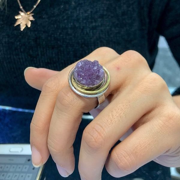 natural piece amethyst hand manufacture silver authentic ring, Golden;silver