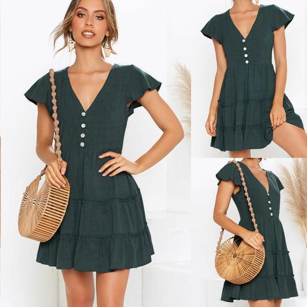 women summer v-neck short sleeve mini dress ladies split evening party button solid green dresses, Black;gray
women summer v-neck short sleeve mini dress ladies split evening party button solid green dresses, Black;gray