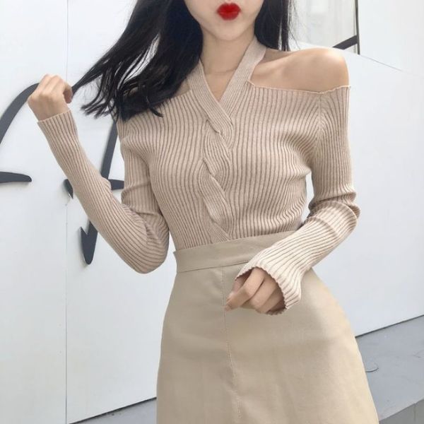 women retro solid color long sleeved sweaters korean style solid color off-shoulder long knitwear sweater slim, White;black
women retro solid color long sleeved sweaters korean style solid color off-shoulder long knitwear sweater slim, White;black