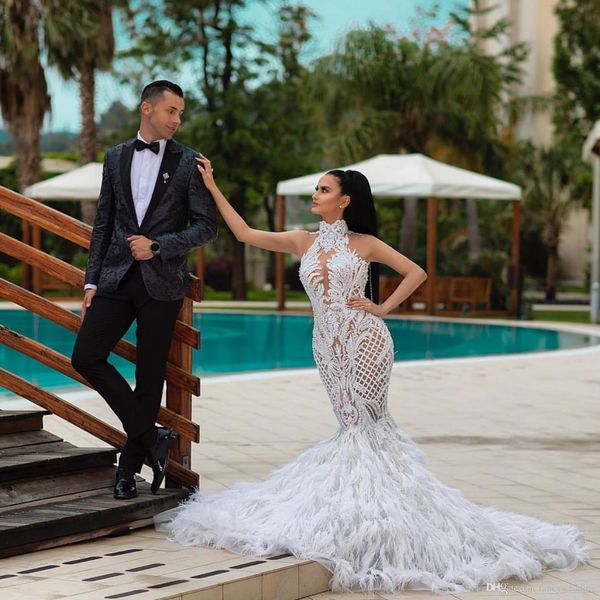 luxury feather mermaid wedding dresses high neck lace applique illusion plus size wedding dress sweep train beaded bridal gowns, White
luxury feather mermaid wedding dresses high neck lace applique illusion plus size wedding dress sweep train beaded bridal gowns, White