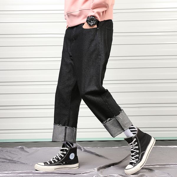 2019 spring and autumn new youth men's solid color raw jeans loose straight fashion casual nine pants black / blue -3xl 
2019 spring and autumn new youth men's solid color raw jeans loose straight fashion casual nine pants black / blue -3xl