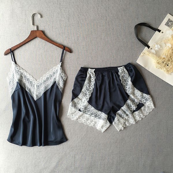 2019 women's lace satin stitching pajamas suit summer sleeveless pijamas suit home service pajamas lingerie, Blue;gray
2019 women's lace satin stitching pajamas suit summer sleeveless pijamas suit home service pajamas lingerie, Blue;gray