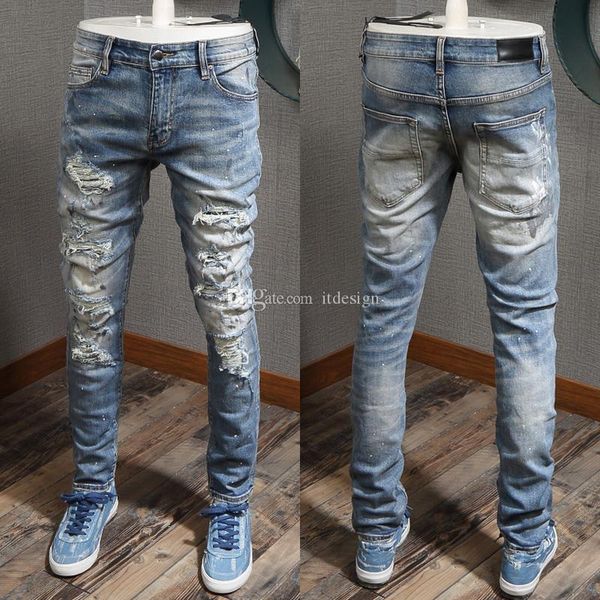 crystal patch worn out painted effect man jeans damage wash skinny fit fashion denim trousers guy's, Blue
crystal patch worn out painted effect man jeans damage wash skinny fit fashion denim trousers guy's, Blue