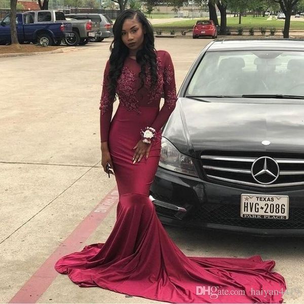 black girls burgundy mermaid prom dresses jewel neck lace appliques satin sweep train long sleeves african evening party gowns
black girls burgundy mermaid prom dresses jewel neck lace appliques satin sweep train long sleeves african evening party gowns