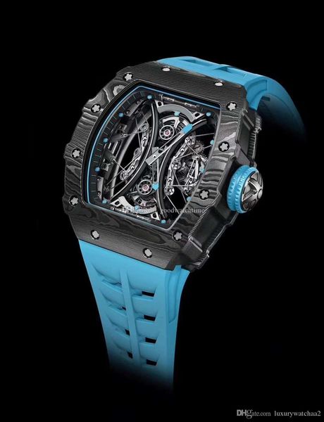 

luxury mens watch black hollow mechanical automatic shockproof watch carbon fiber case rm 53-01 blue rubber strap mens sport wristwatch, Slivery;brown