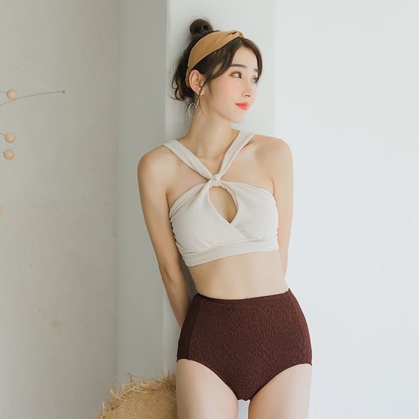 split two-piece bikini swimsuit bikini high waist belly size chest gathering hanging neck color matching female swimsuit, White;black
split two-piece bikini swimsuit bikini high waist belly size chest gathering hanging neck color matching female swimsuit, White;black