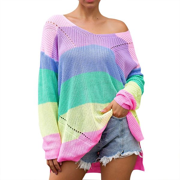 autumn rainbow striped knit sweater patchwork long sleeve thin pullover plus size loose hollow out sueter feminino#y5, White;black
autumn rainbow striped knit sweater patchwork long sleeve thin pullover plus size loose hollow out sueter feminino#y5, White;black