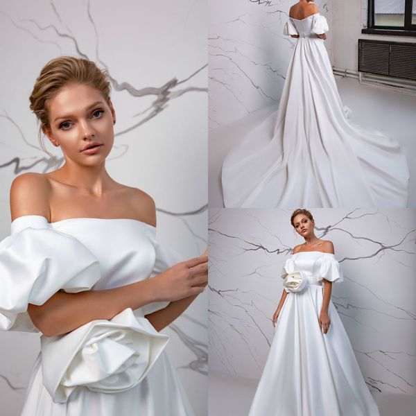 2020 eva lendel hand made flower wedding dress satin a line court train wedding dresses abiti da sposa, White
2020 eva lendel hand made flower wedding dress satin a line court train wedding dresses abiti da sposa, White