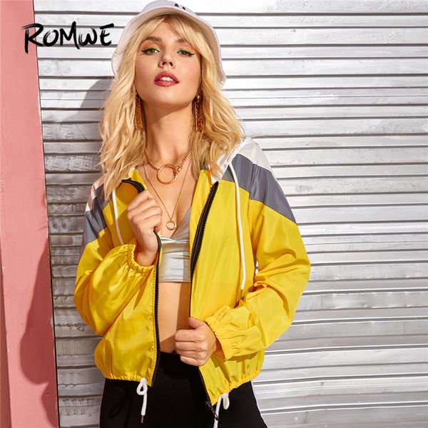 

romwe sporty yellow cut and sew panel drawstring hooded jacket women casual long sleeve coat fitness jogging jackets windbreaker, Black;red