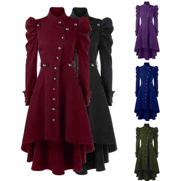 

women winter puff shoulder button up dip hem trench coat stand-up collar high waist outerwear renaissance vintage gothic coat, Tan;black