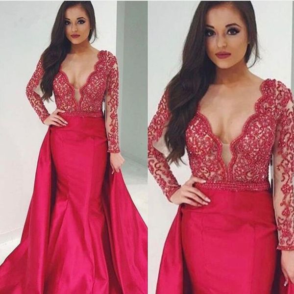 red satin mermaid evening dresses with detachable train 2019 arabic beaded long evening gowns with long sleeves abendkleider, Black;red
red satin mermaid evening dresses with detachable train 2019 arabic beaded long evening gowns with long sleeves abendkleider, Black;red
