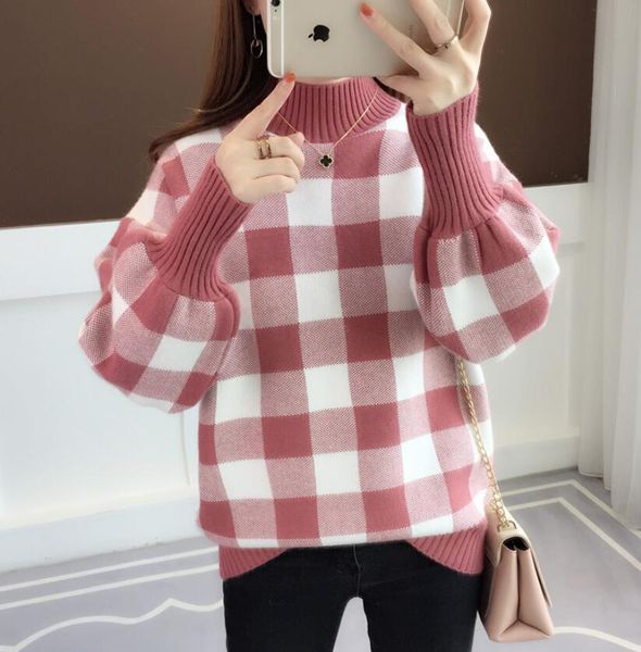 women new casual turtleneck lantern sleeve plaid sweater pullover loose korean knitted jumper fall winter thick k9015, White;black
women new casual turtleneck lantern sleeve plaid sweater pullover loose korean knitted jumper fall winter thick k9015, White;black