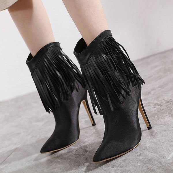 fashion fringe women ankle thin high heel pointed toe women short boots back zipper shoes party ladies boots, Black
fashion fringe women ankle thin high heel pointed toe women short boots back zipper shoes party ladies boots, Black