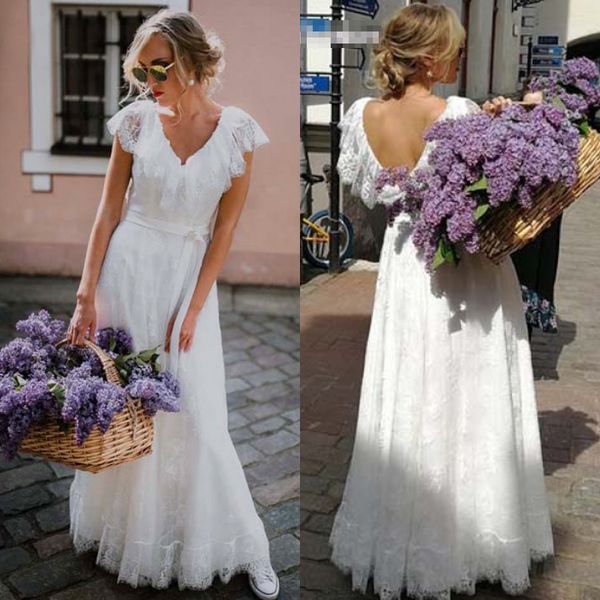 2019 vintage bohemian lace wedding dress lace appliques backless v neck floor length boho bridal gown, White
2019 vintage bohemian lace wedding dress lace appliques backless v neck floor length boho bridal gown, White