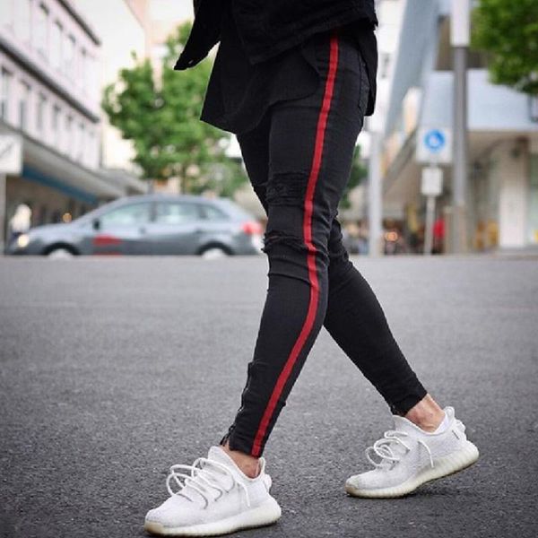 men's jeans hole summer slim trousers zipper feet men clothes 2021 biker skinny, Blue
