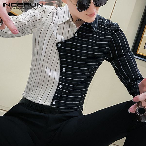 incerun fashion men dress shirt striped patchwork personality brand long sleeve lapel fitness shirts street party clubwear, White;black
incerun fashion men dress shirt striped patchwork personality brand long sleeve lapel fitness shirts street party clubwear, White;black