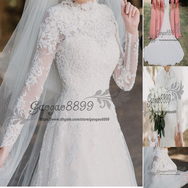 2019 new desinger long sleeves a line wedding dresses elegant high neck arabic lace appliques beaded country bridal dresses wedding gowns, White
2019 new desinger long sleeves a line wedding dresses elegant high neck arabic lace appliques beaded country bridal dresses wedding gowns, White