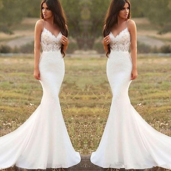 country mermaid wedding dresses spaghetti straps backless sweep train appliques illusion bodice long beach garden country bridal gowns, White
country mermaid wedding dresses spaghetti straps backless sweep train appliques illusion bodice long beach garden country bridal gowns, White