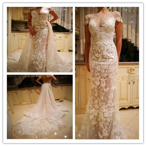 berta 2019 modern mermaid wedding dresses bateau illusion bodice short sleeve heavily embellished court train overskirts garden bridal gowns, White
berta 2019 modern mermaid wedding dresses bateau illusion bodice short sleeve heavily embellished court train overskirts garden bridal gowns, White