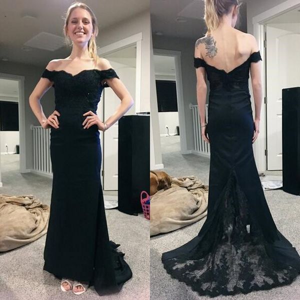 2019 mermaid black prom dresses off the shoulder boat neck elastic satin lace evening gown custom made