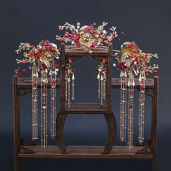 the bride's chinese red rockhopper headdress earrings ancient tassel show wedding hair accessories set jewelry, Golden;white
the bride's chinese red rockhopper headdress earrings ancient tassel show wedding hair accessories set jewelry, Golden;white