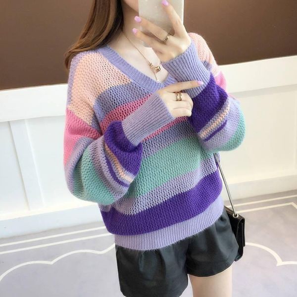 rainbow striped sweater 2020 new loose pullover sweater spring and autumn women's long-sleeved v-neck shirt women, White;black
rainbow striped sweater 2020 new loose pullover sweater spring and autumn women's long-sleeved v-neck shirt women, White;black