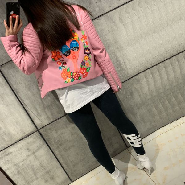 women real leather jacket painting leather coat, Black