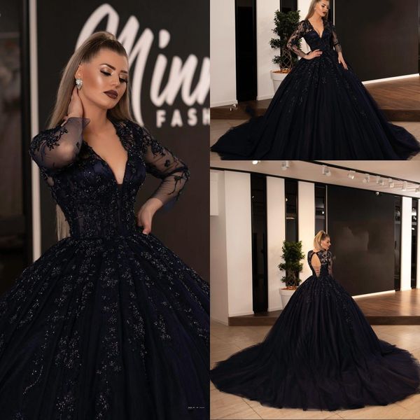 new navy blue ball gown evening dresses wear v neck lace appliques crystal beads long sleeves sweep train formal party dress prom gowns, Black;red
new navy blue ball gown evening dresses wear v neck lace appliques crystal beads long sleeves sweep train formal party dress prom gowns, Black;red