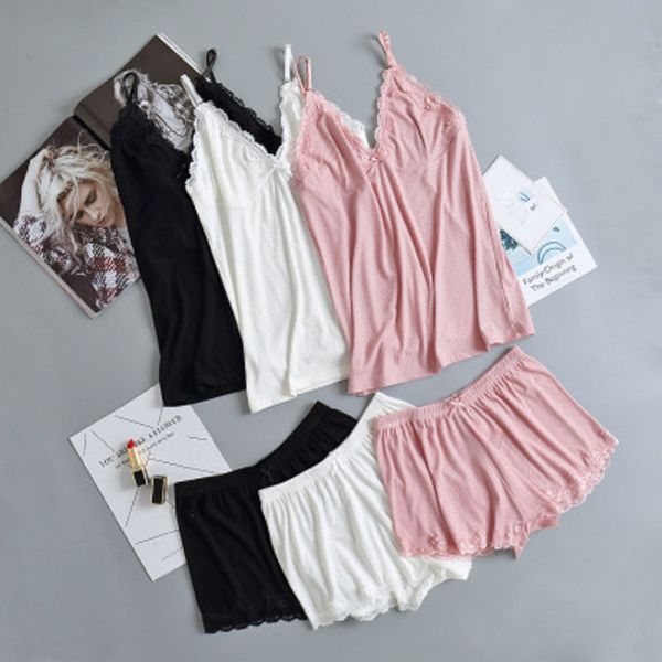 two piece cotton pajama set lace cami and shorts pyjamas sleepwear modal high elastic pijama nightie home clothes, Black;red
two piece cotton pajama set lace cami and shorts pyjamas sleepwear modal high elastic pijama nightie home clothes, Black;red